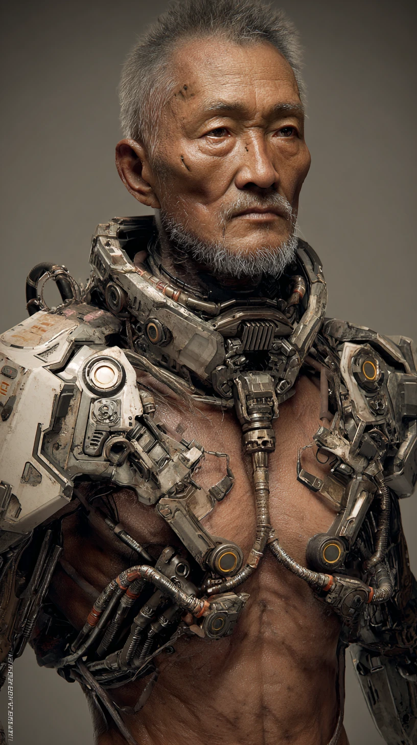 Grizzled Asian cyborg commander with mechanical torso