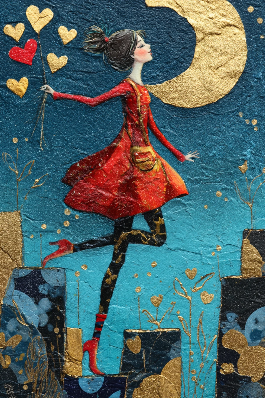 Woman reborn in a moonlit bedroom mixed media painting