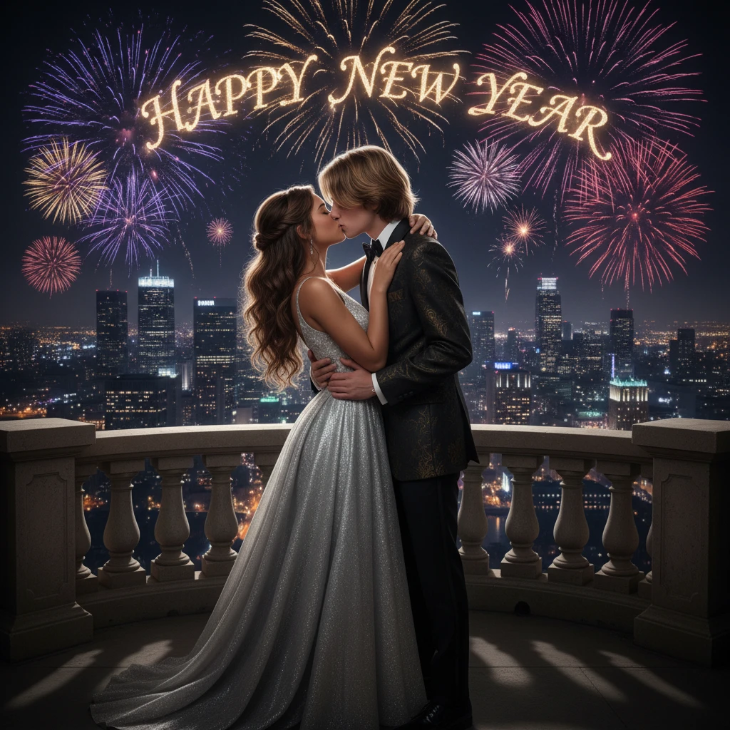 Teen couple kissing on a balcony under city fireworks