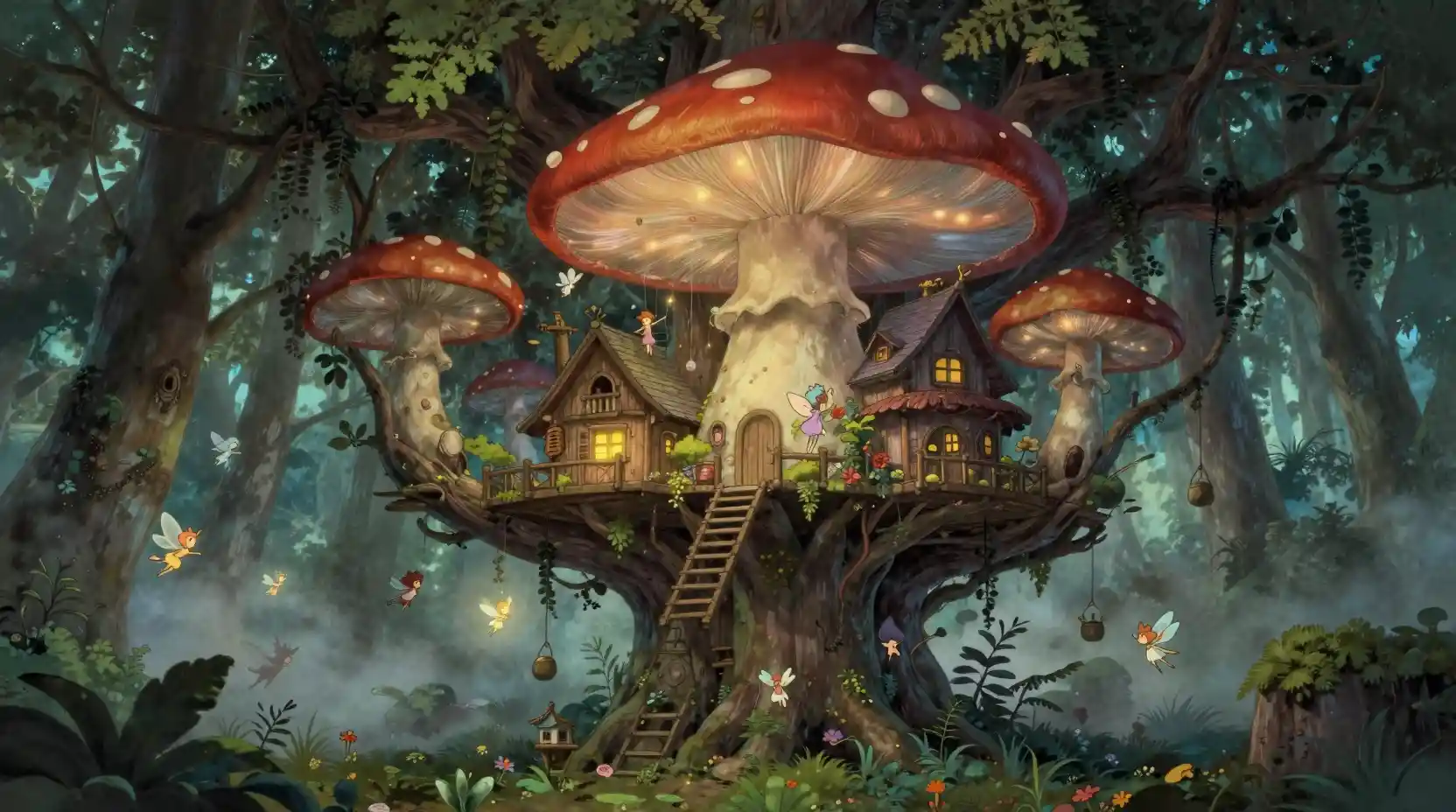 Verträumtes Baumhaus-Dorf in einem leuchtenden Waldpilz