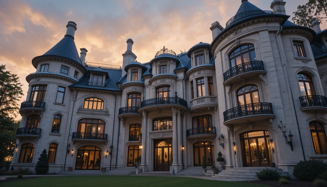 Art nouveau mansion facade glowing in warm sunset light