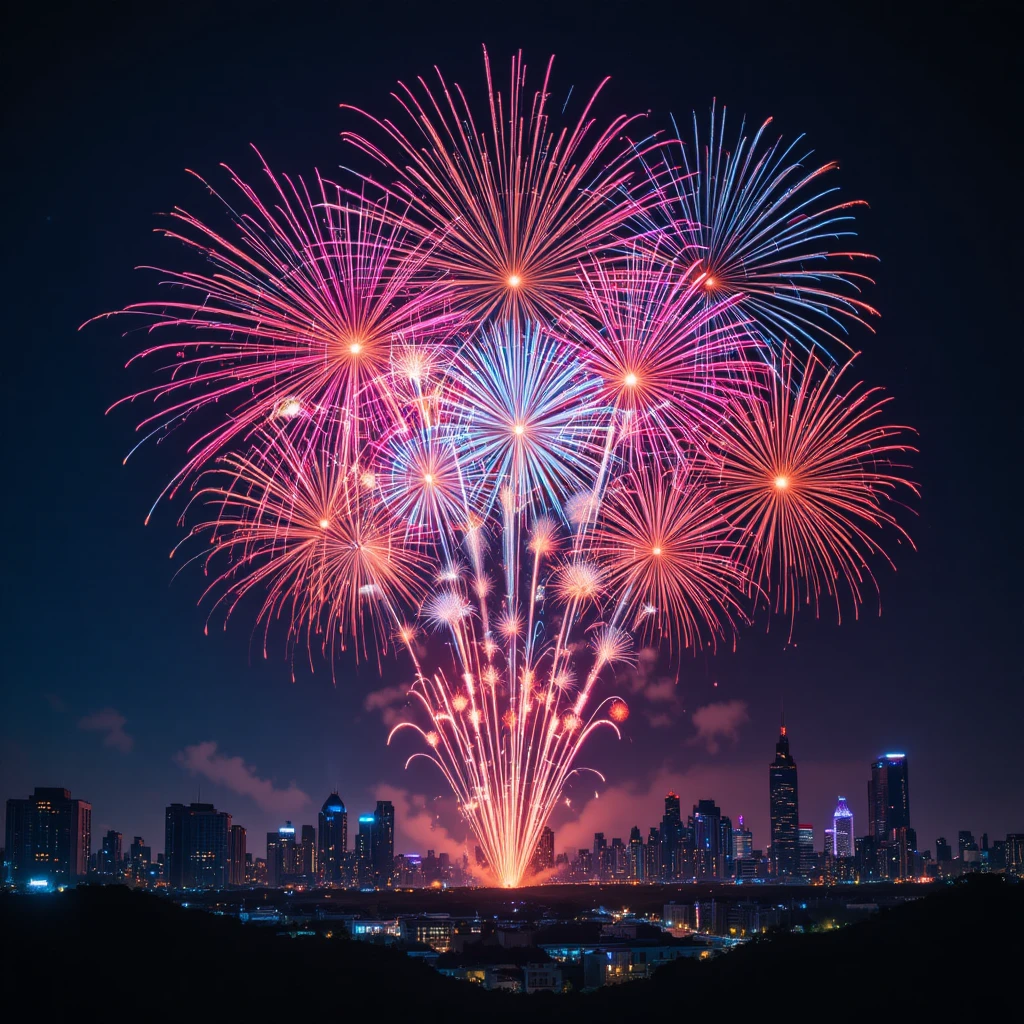 Feux d'artifice colorés au-dessus de la ligne d'horizon lumineuse d'une ville futuriste