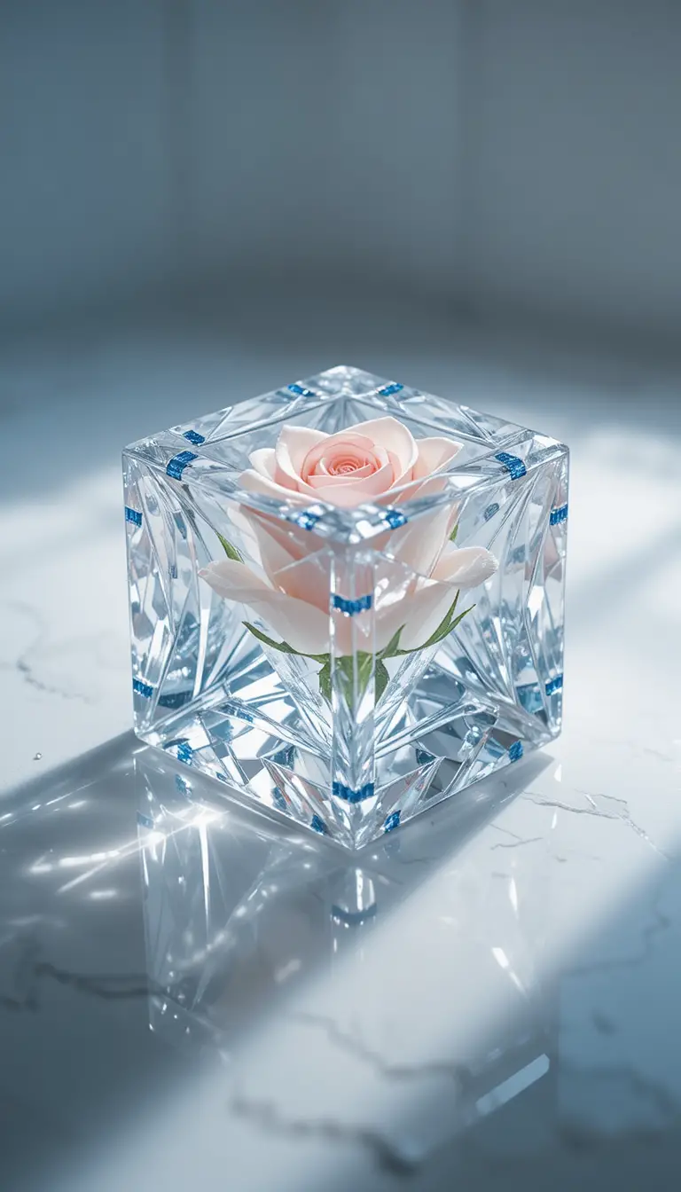 Cubo de gelo de cristal com facetas de diamante e rosa congelada