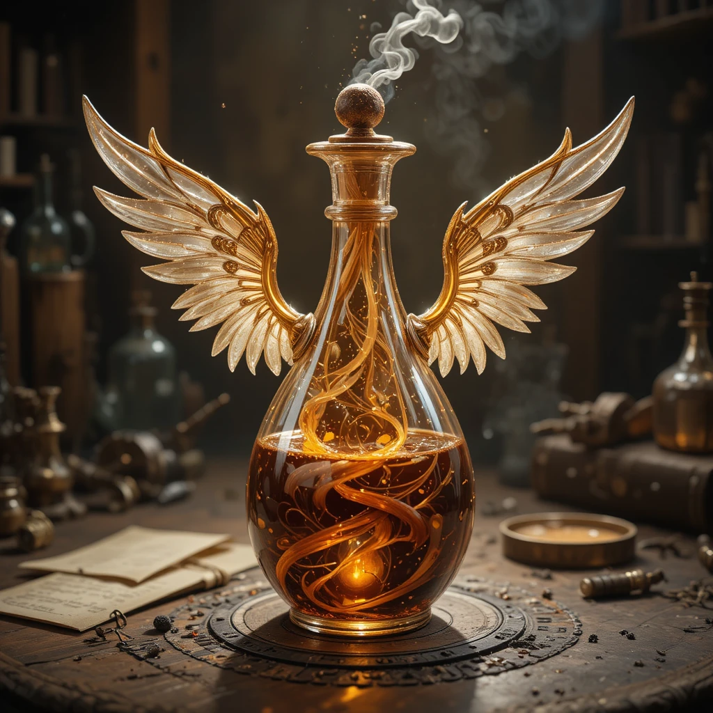 Fantasy potion bottle glowing on a worn alchemist table