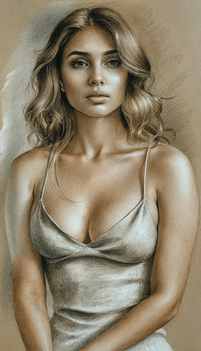 Graphite portrait of a young woman with wavy shoulder length hair