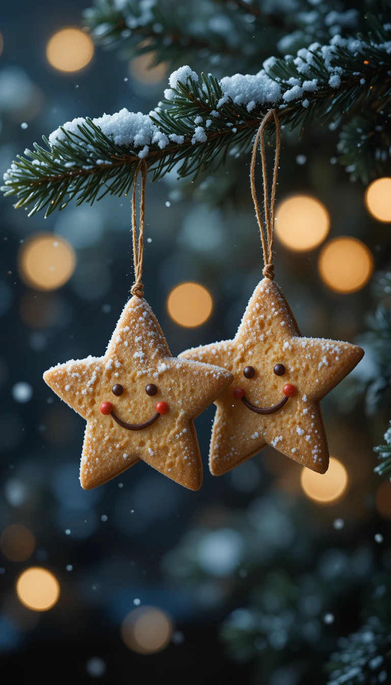 Biscoitos em forma de estrela pendurados em pinheiro nevado com luzes bokeh quentes