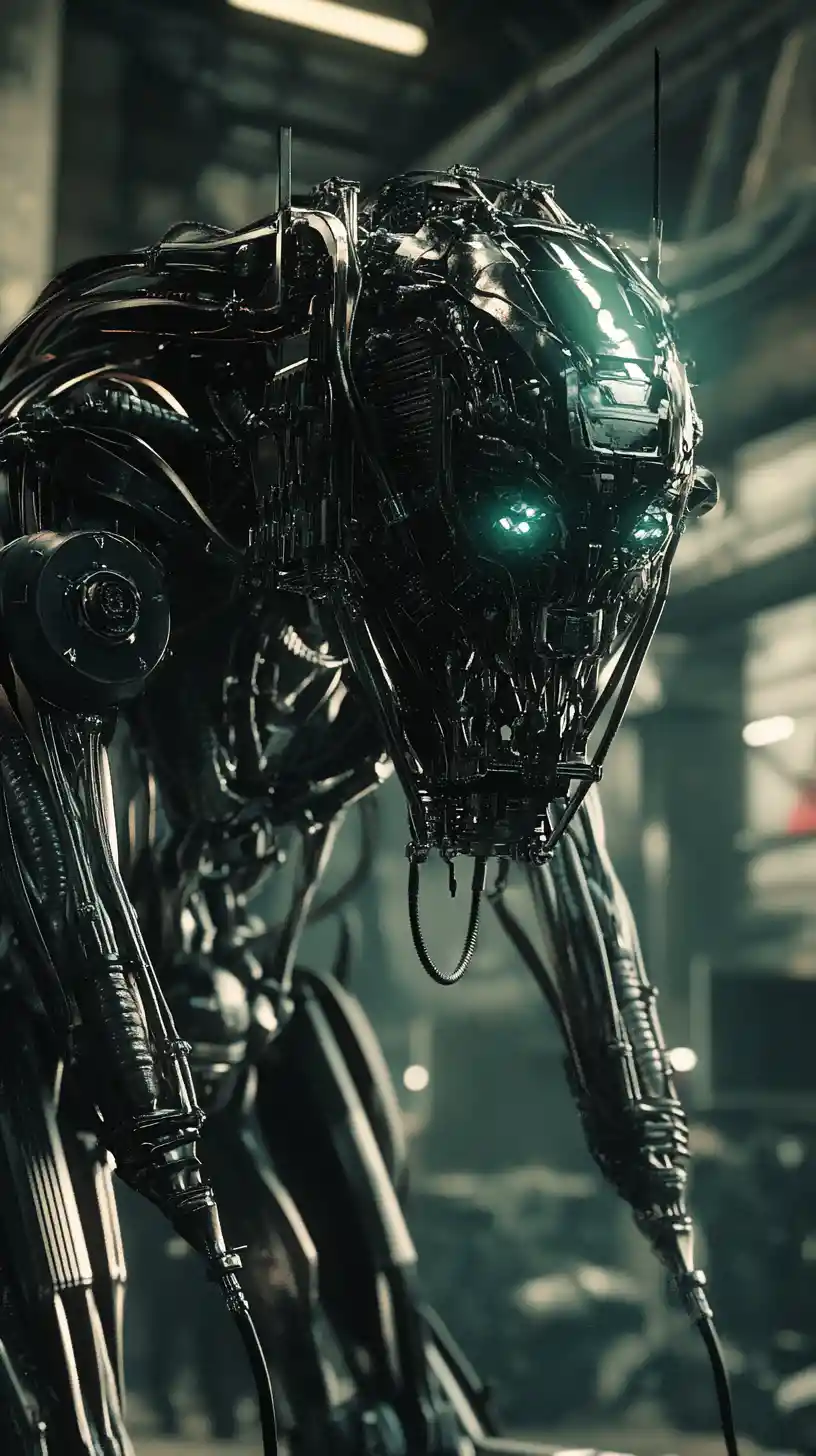 Cybernetic human fused with machinery in a dark lab