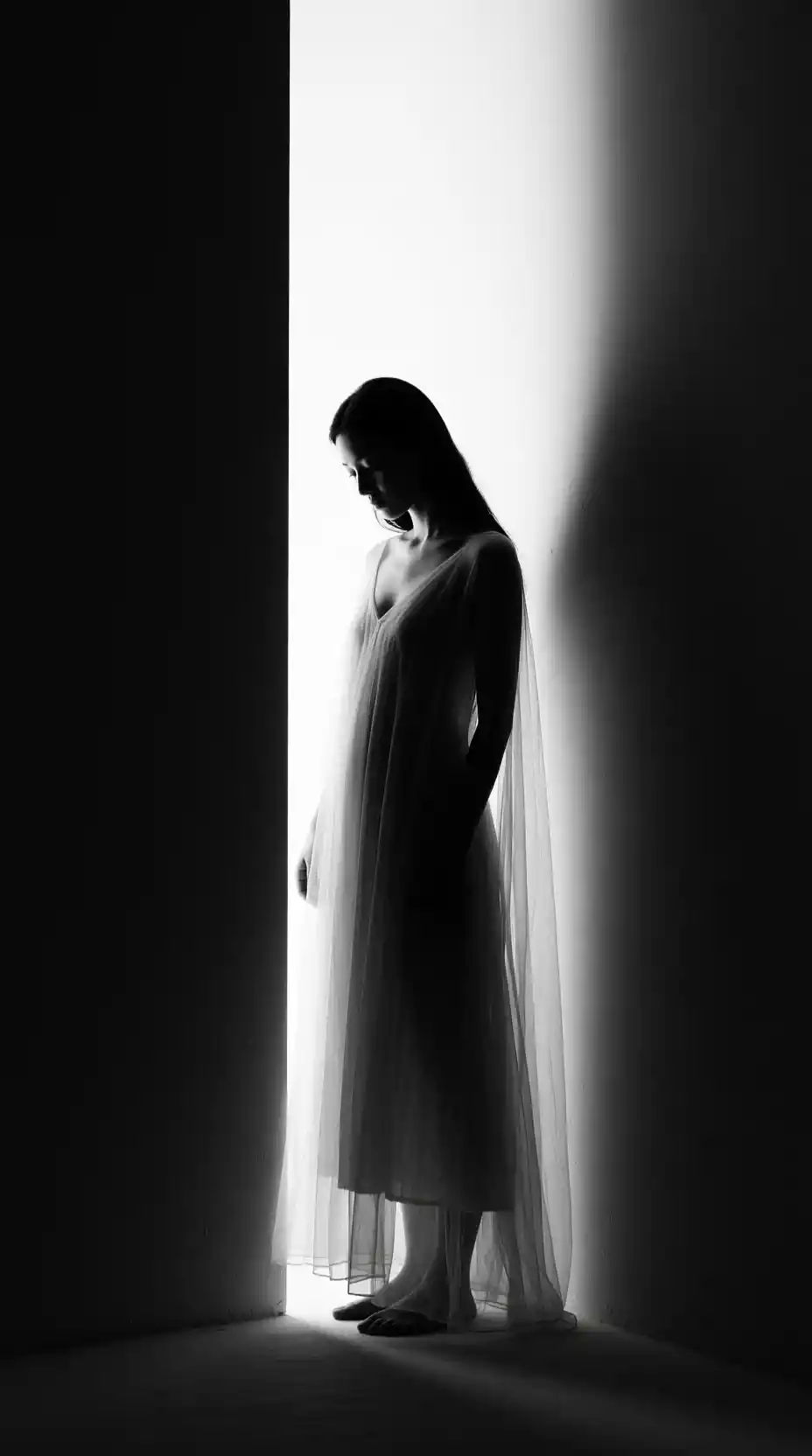 Mulher em vestido transparente na forte luz em preto e branco