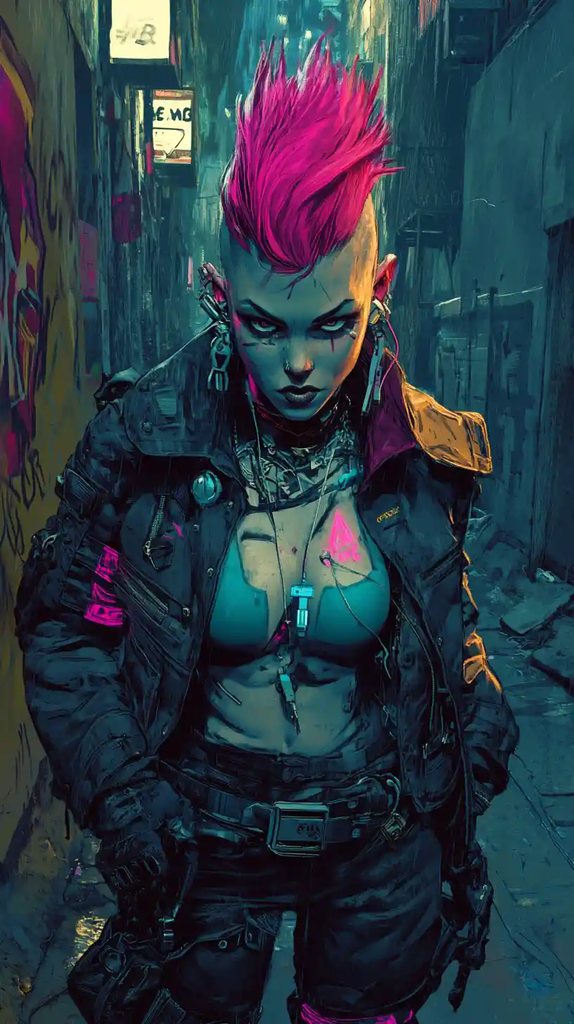 Rebellious Cyberpunk Woman In Neon Lit Graffiti Alley