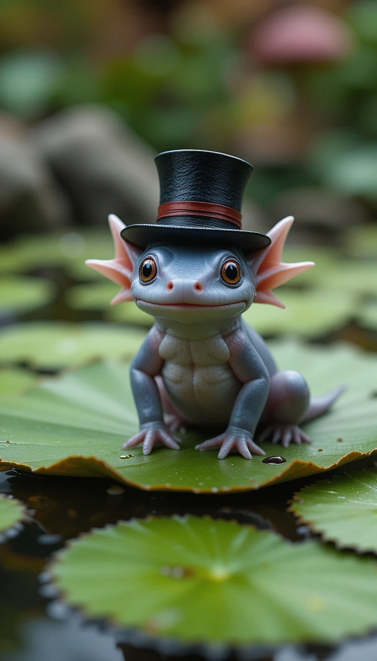 Winziger Axolotl mit Zylinder auf Seerosenblatt im Garten