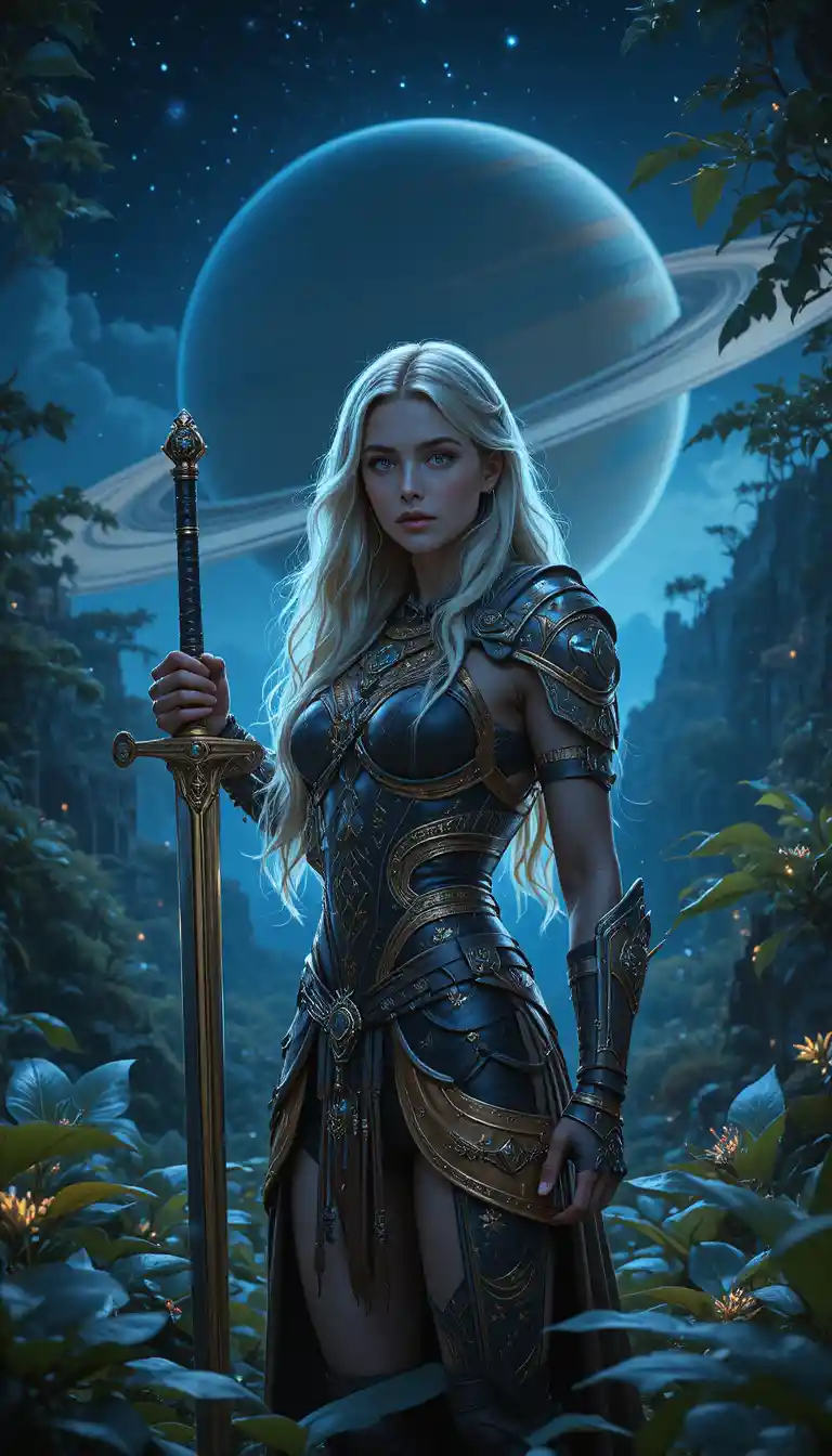 Nordic warrior woman in glowing alien jungle night