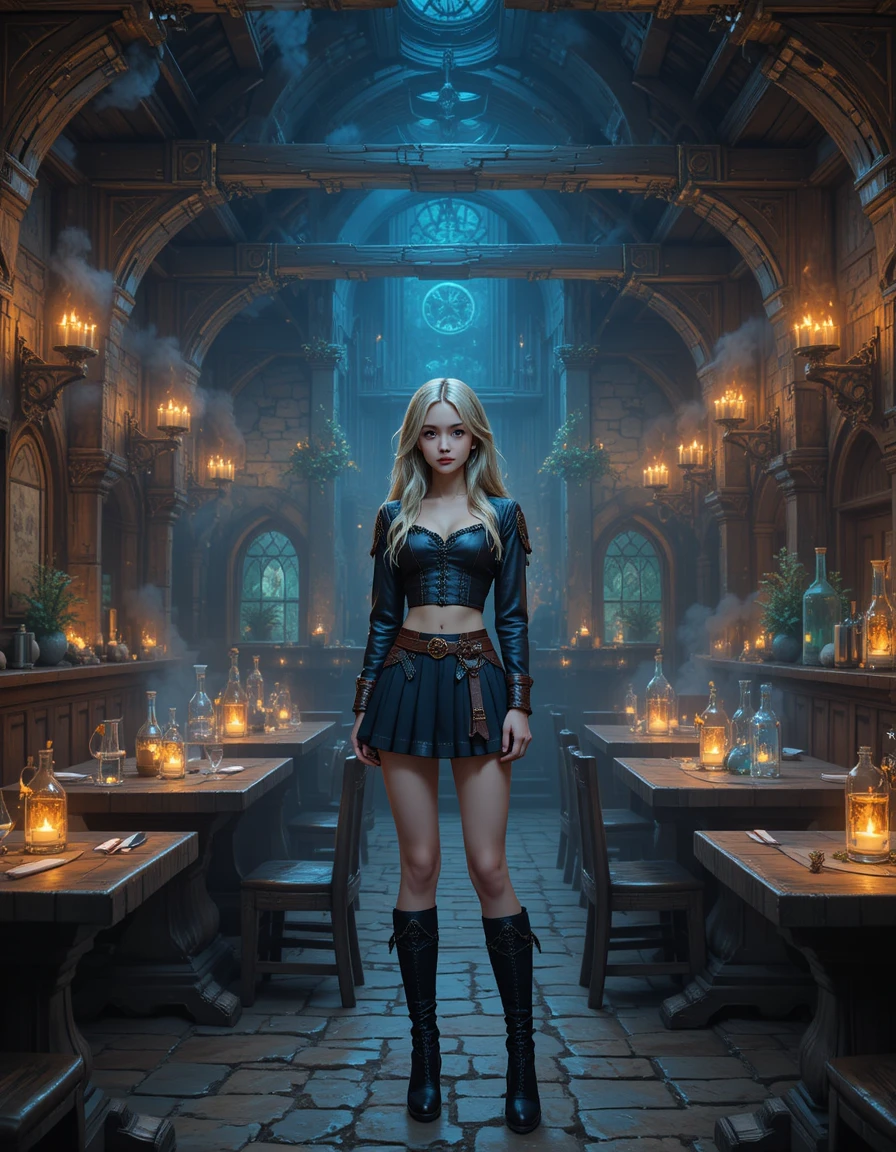 Anime girl in a magical medieval tavern interior