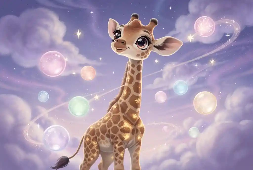 Cute baby giraffe reaching for stars in dreamy sky