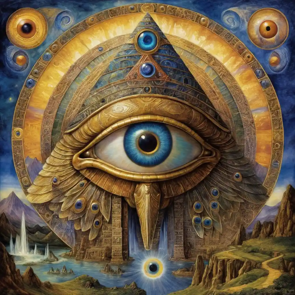 Mystisches allsehendes Auge in einem strahlenden Fantasiehimmel