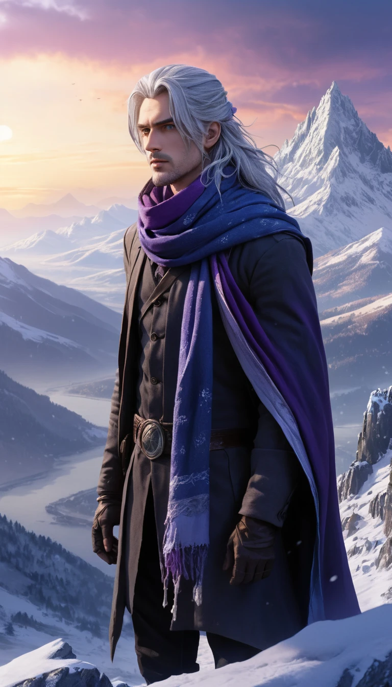Anime‑Fantasy‑Held auf verschneitem Berg bei Sonnenaufgang