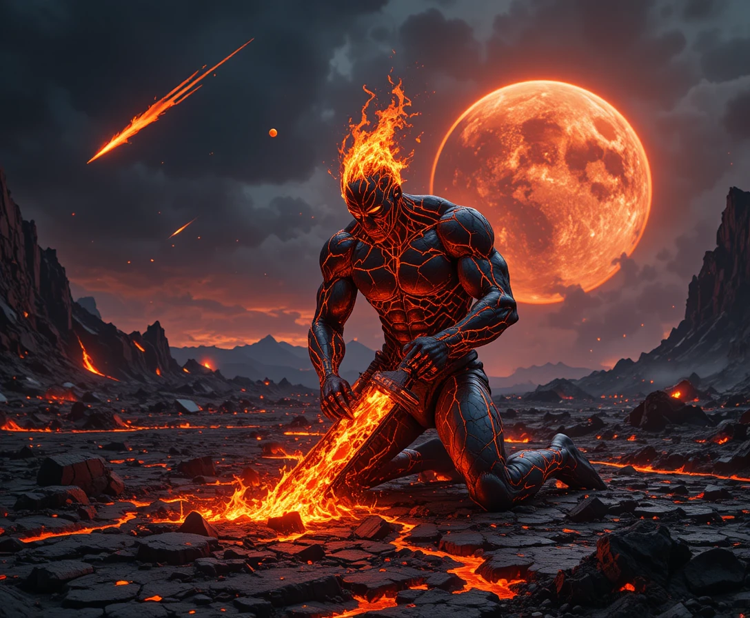 Kneeling magma warrior crowned with fire on volcanic ground