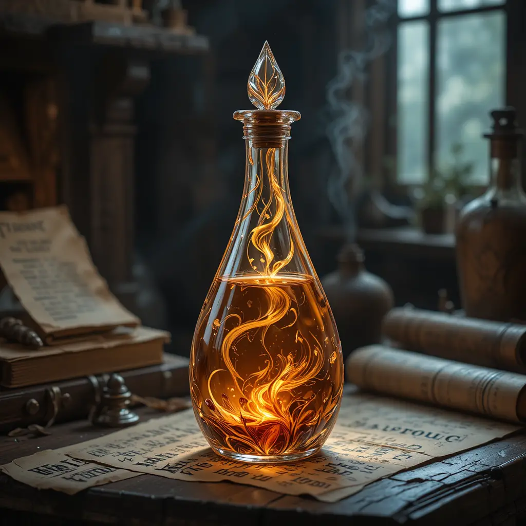 Magical Feathered Potion Bottle On Runed Alchemist Table