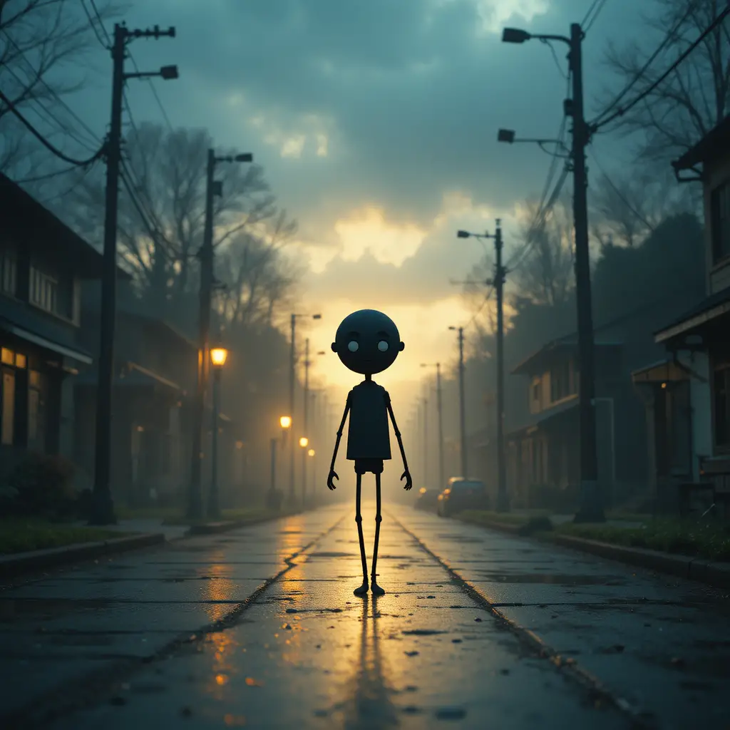 Reflective stick figure walking on a wet dawn street