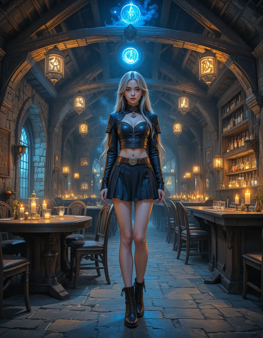 Anime girl in a mystical medieval tavern with candles