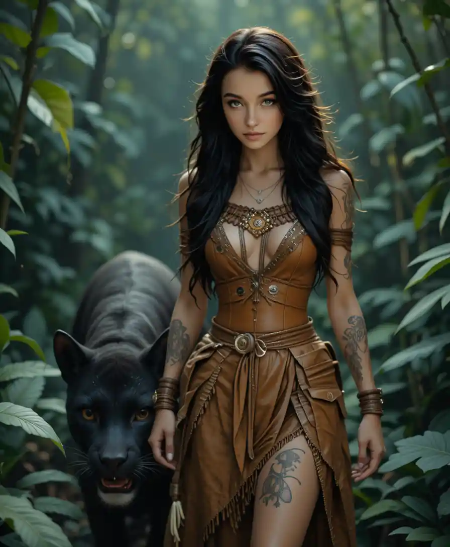 Young indigenous girl walking with a black puma in jungle