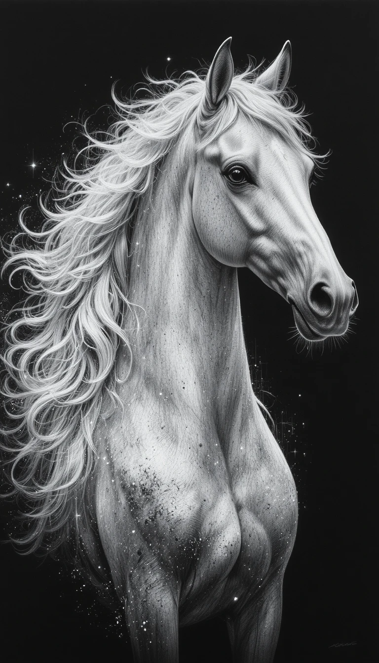 Ritratto di cavallo arabo bianco su carta nera con polvere luminosa