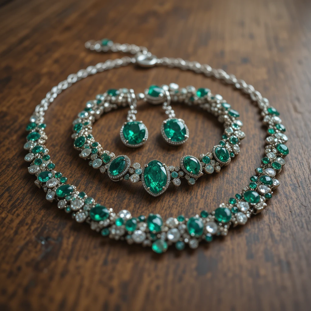 Emerald jewelry set arranged on a simple wooden table