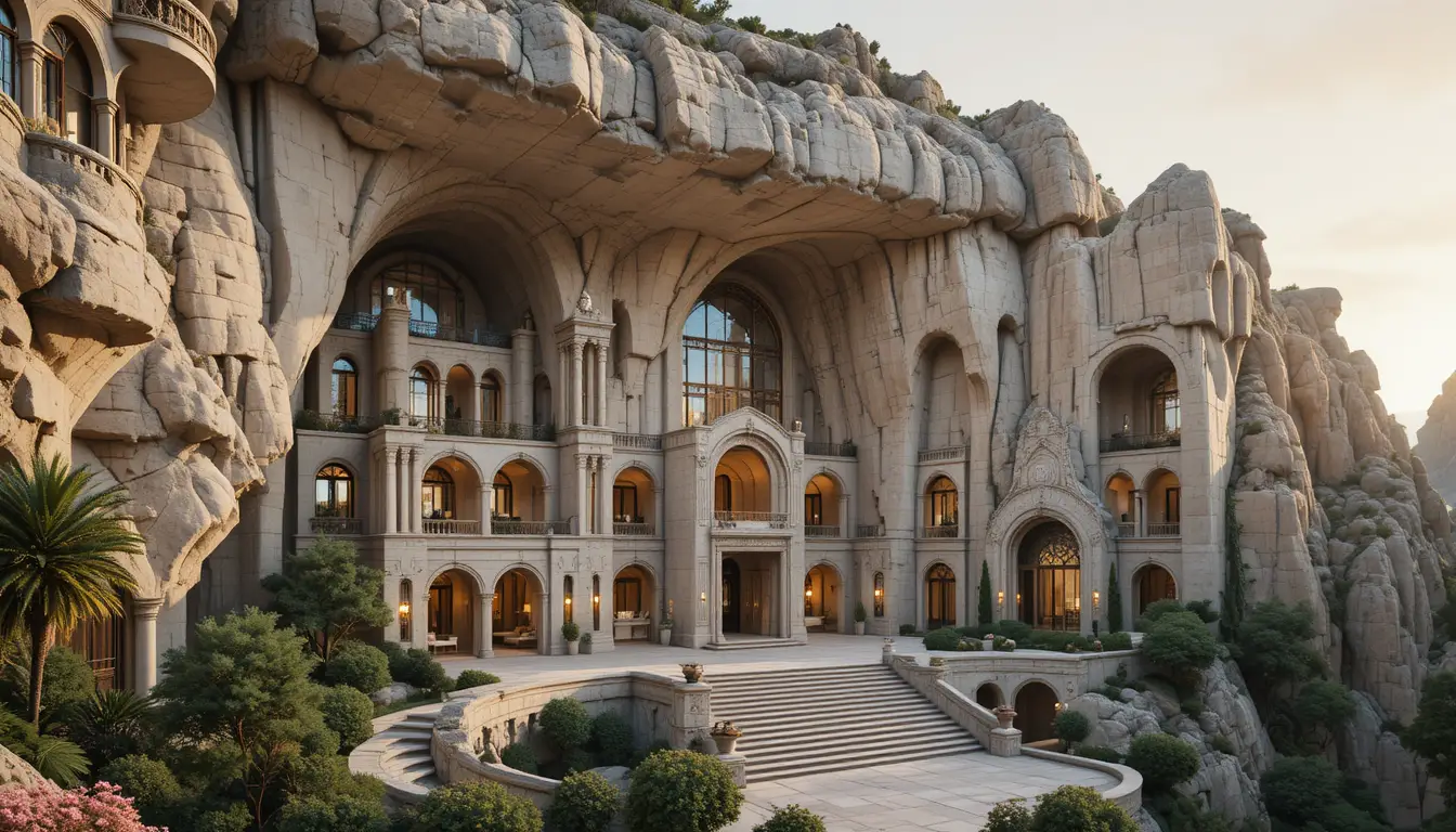 Luxury mountain mansion carved into towering stone cliffs