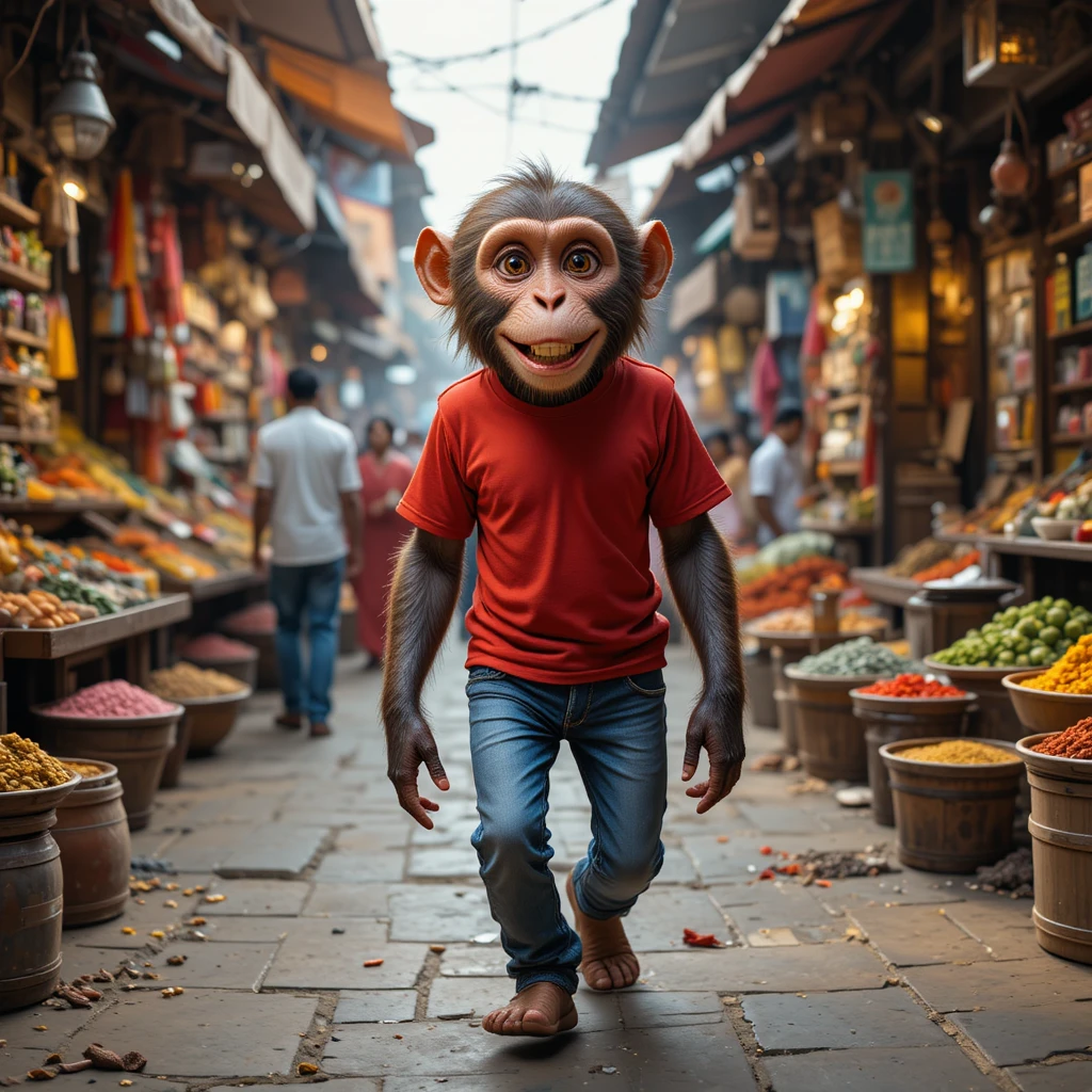 Cheerful Monkey In Jeans Walking Through Indian Street Market