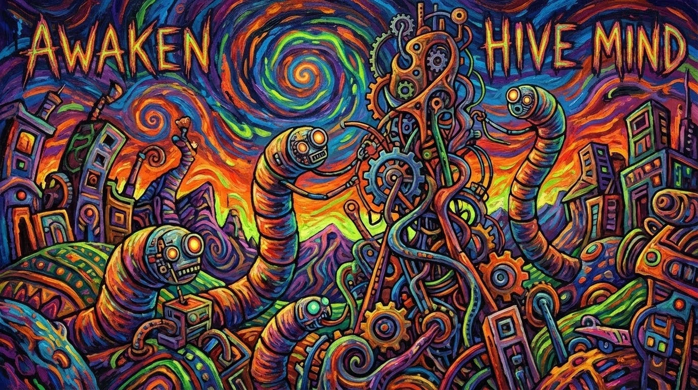 Surreal 3D creatures building intricate cybernetic machinery