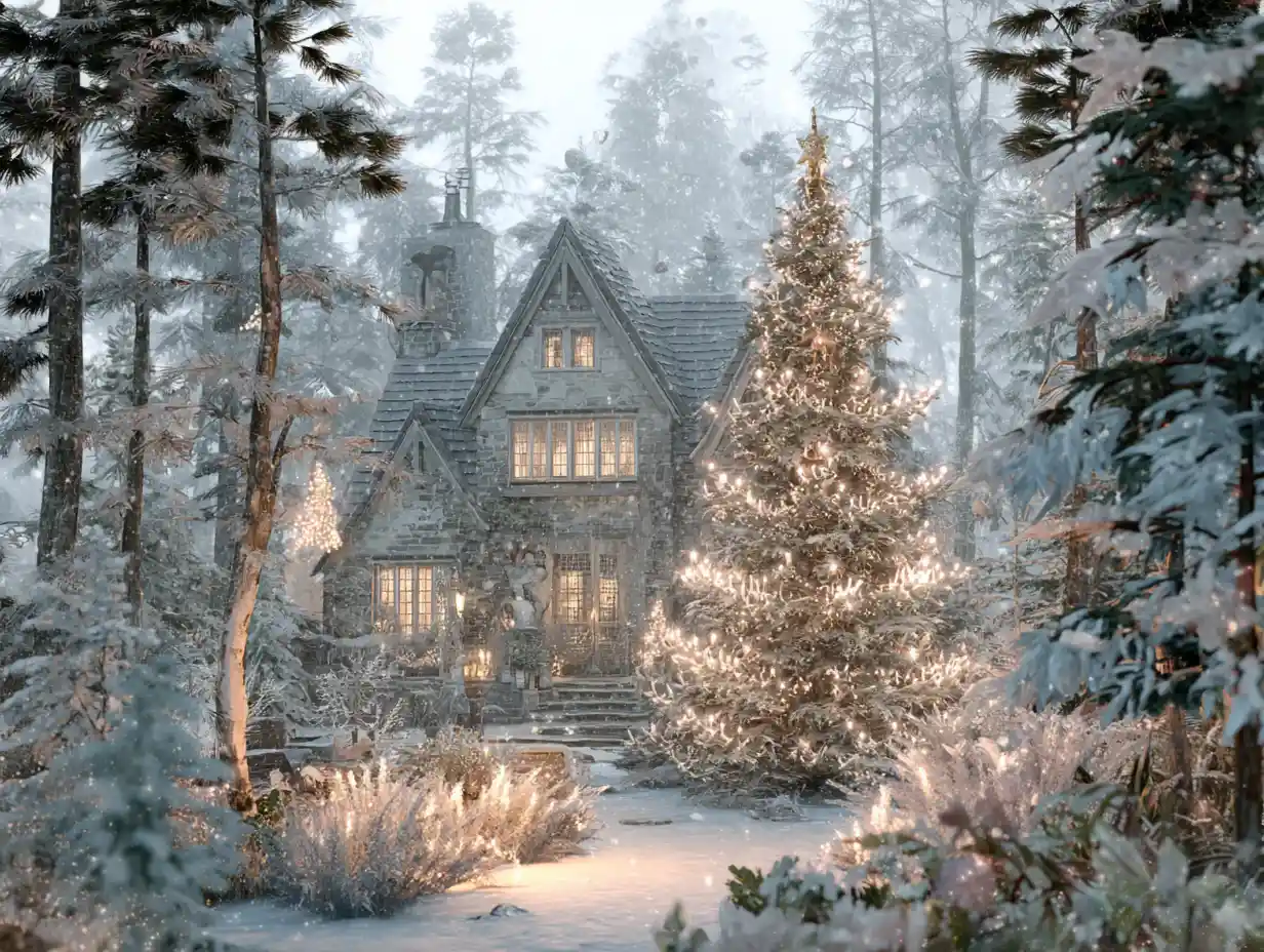 Cozy Cottage In A Serene Winter Forest Christmas Scene