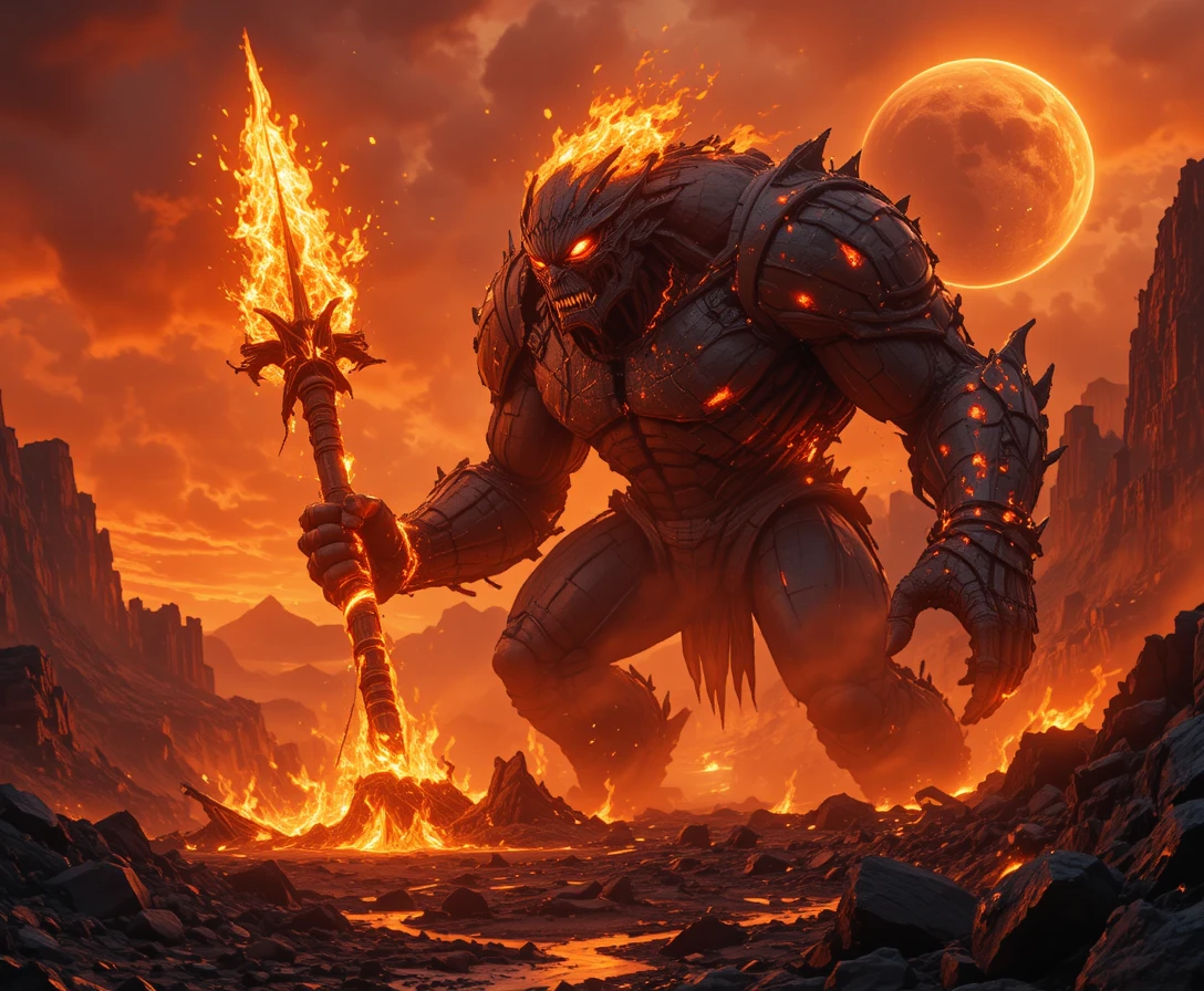 Guerreiro de Magma Ajoelhado com Espada em Chamas em Solo Vulcânico