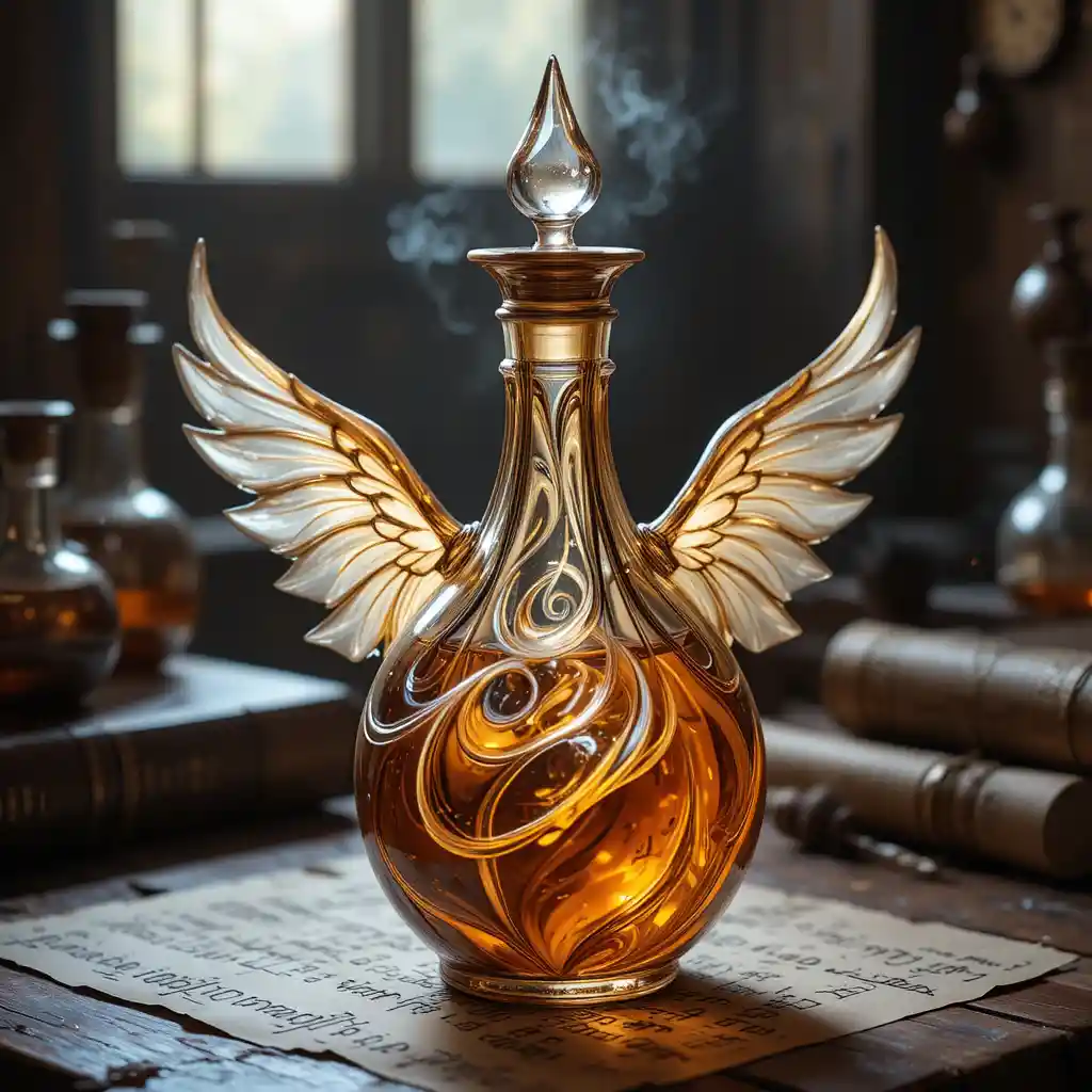 Magical feathered potion vial on worn alchemists table