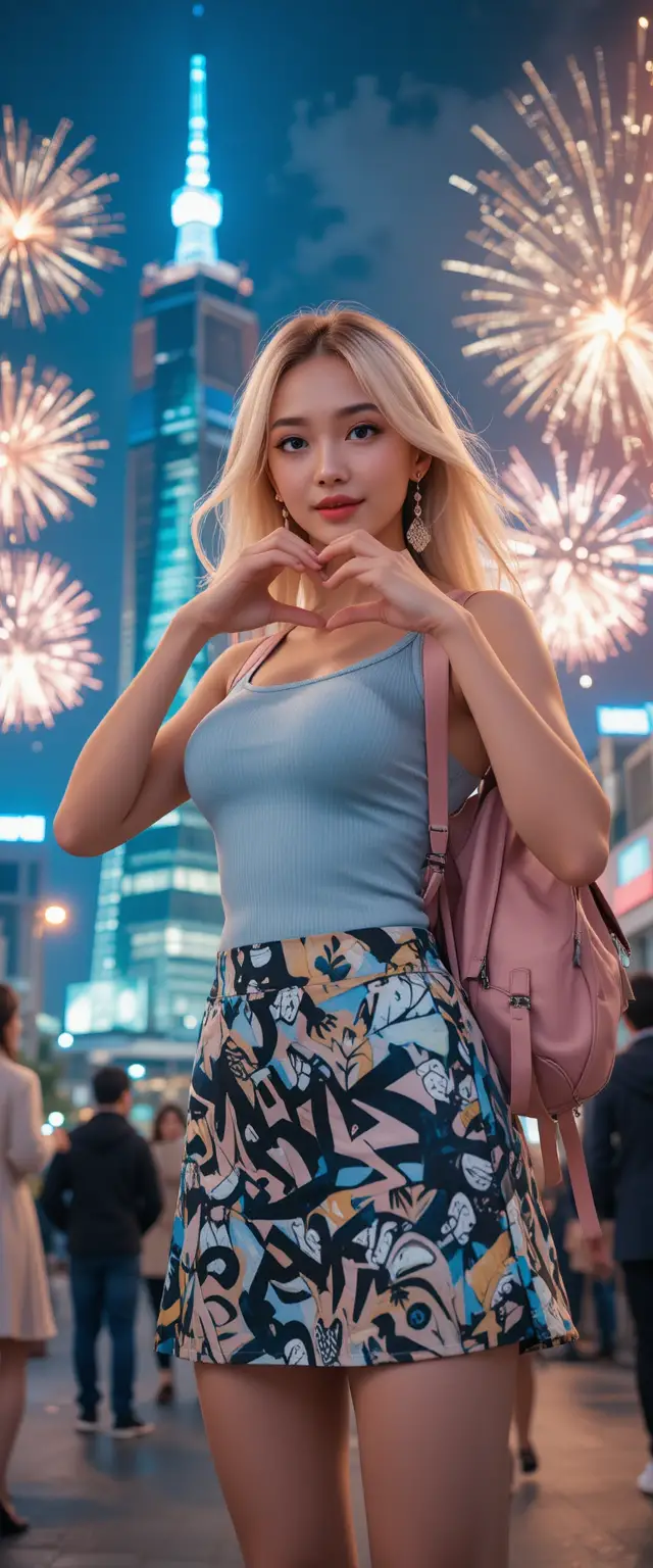 타이베이 101 앞에서 즐겁게 셀카를 찍는 금발 여성