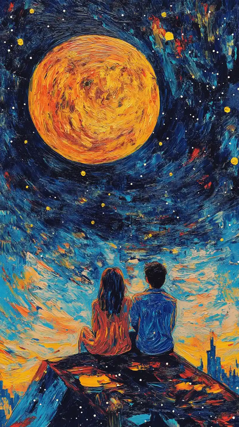 Dreaming girl couple on rooftop under giant blood moon