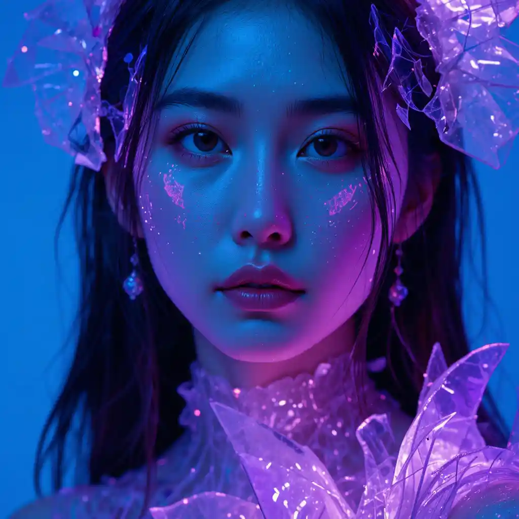 Korean woman in glowing ultraviolet mirror shard gown