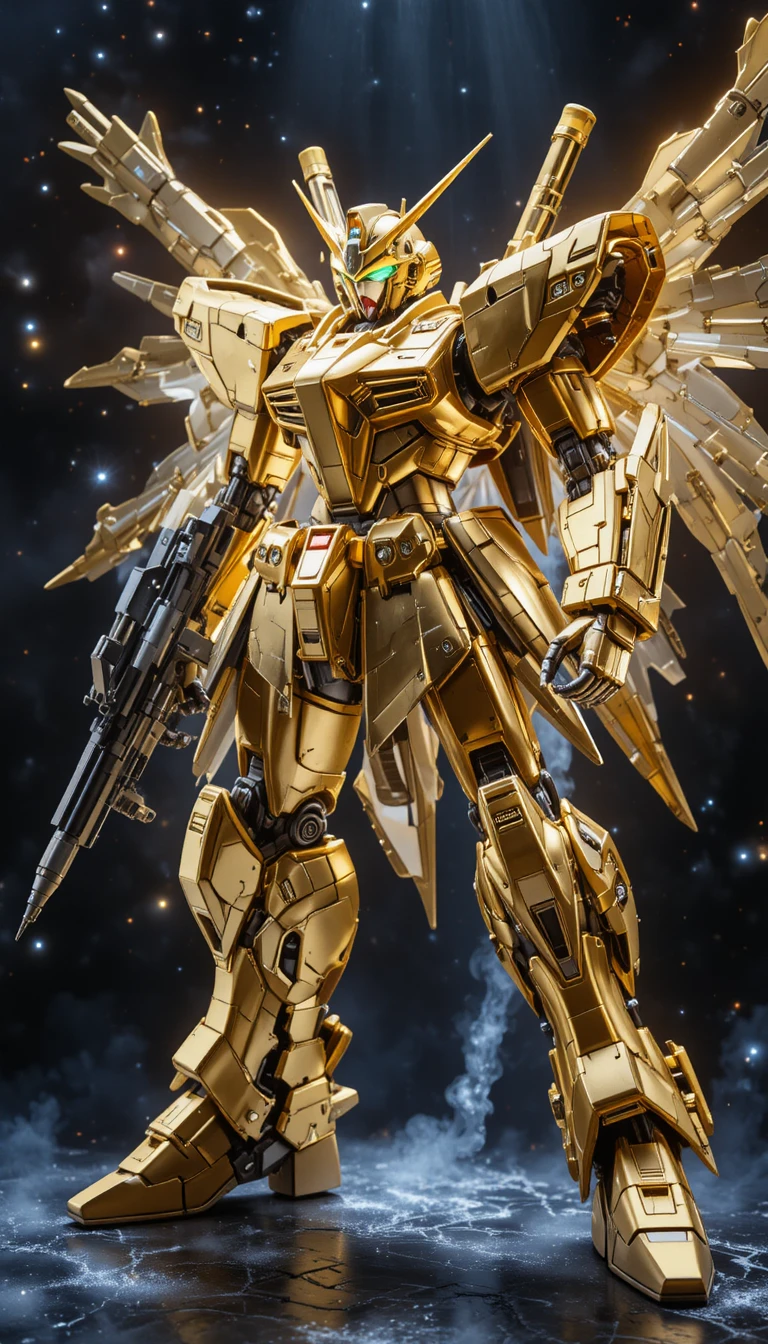 Robot mecha dorado en pose dinámica contra un fondo espacial