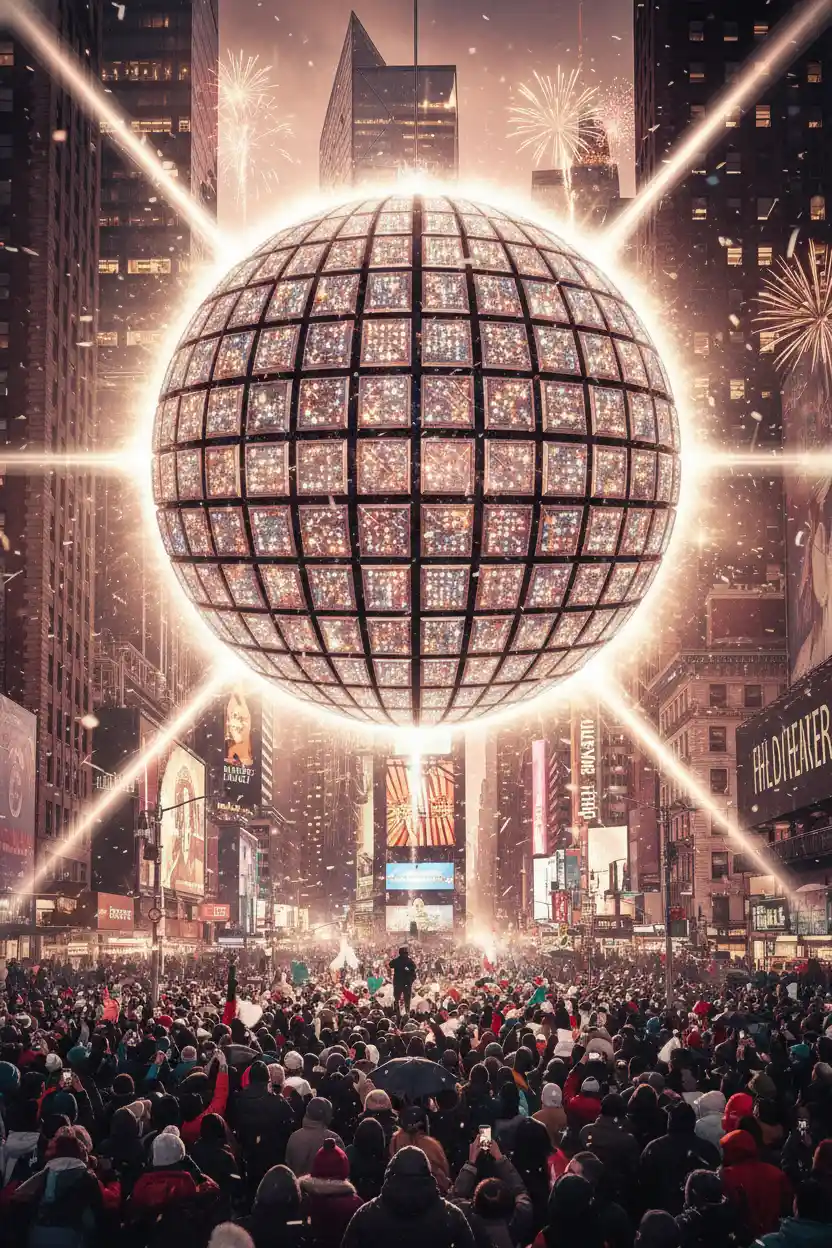 Boule lumineuse de Nouvel An au-dessus d’une place de ville bondée