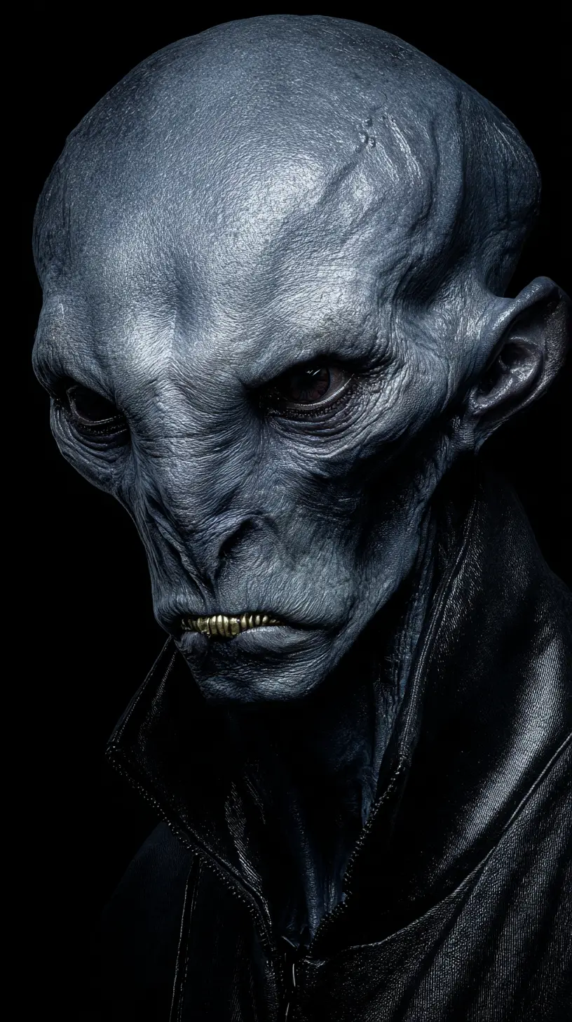 Bald gray humanoid creature in glossy black latex portrait