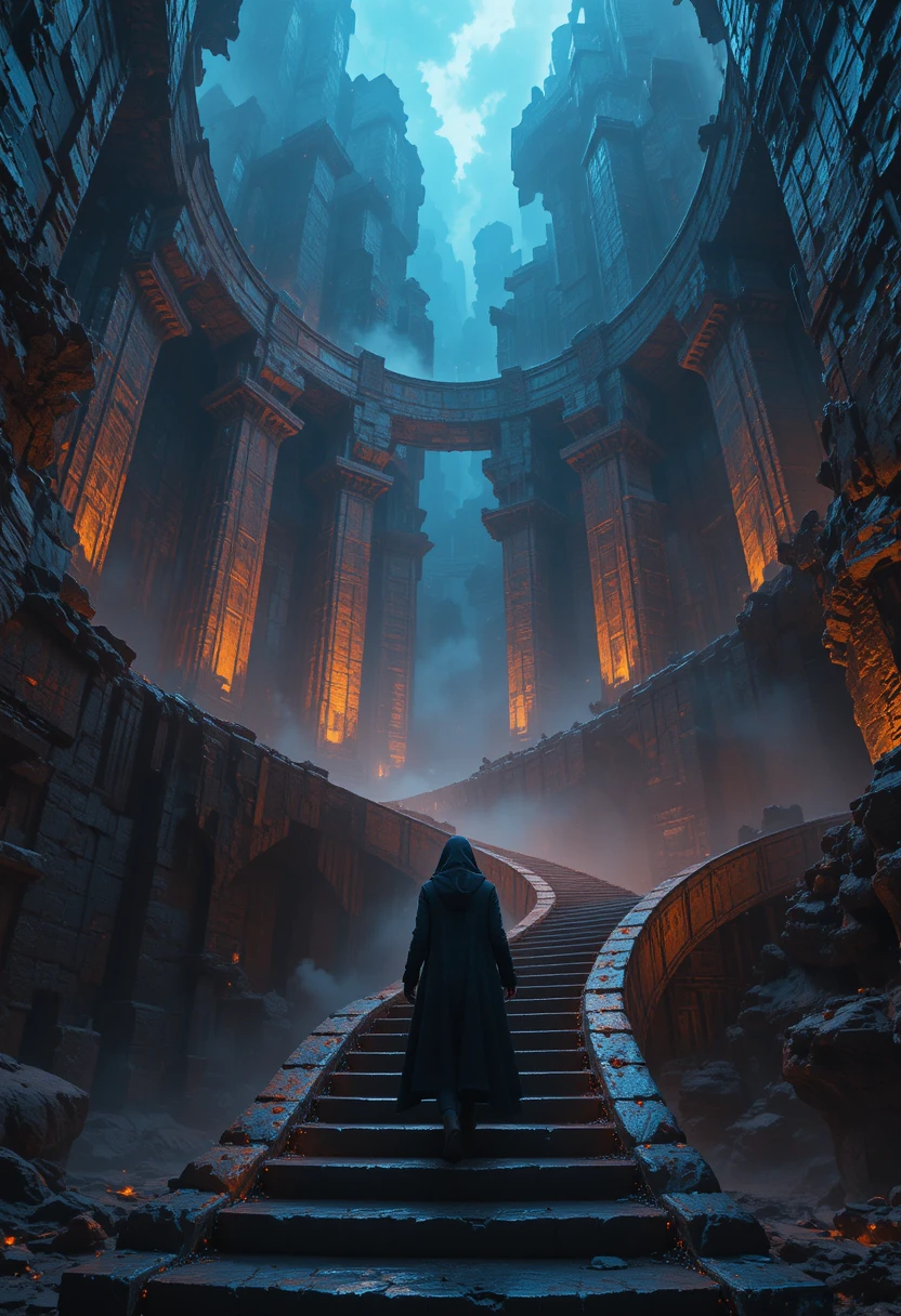 Lone cloaked traveler ascending a vast basalt stairway