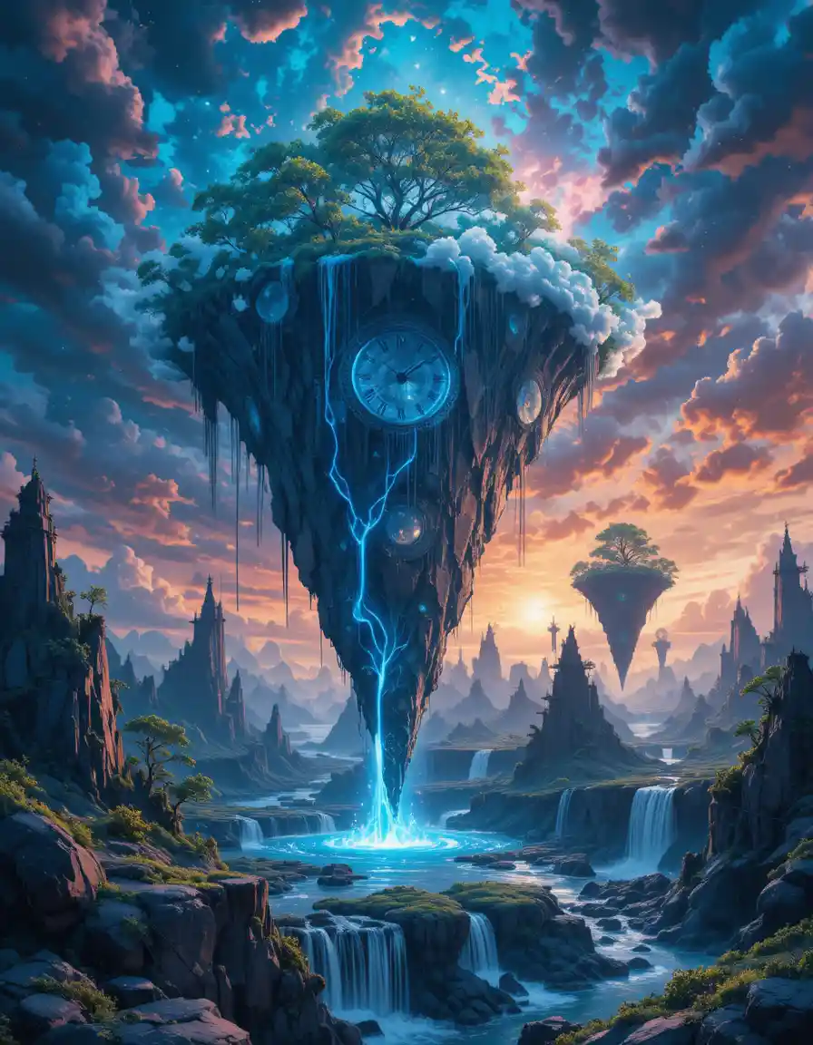 Oceano Surreale nel Cielo con Isole Fluttuanti e Orologi Fusi