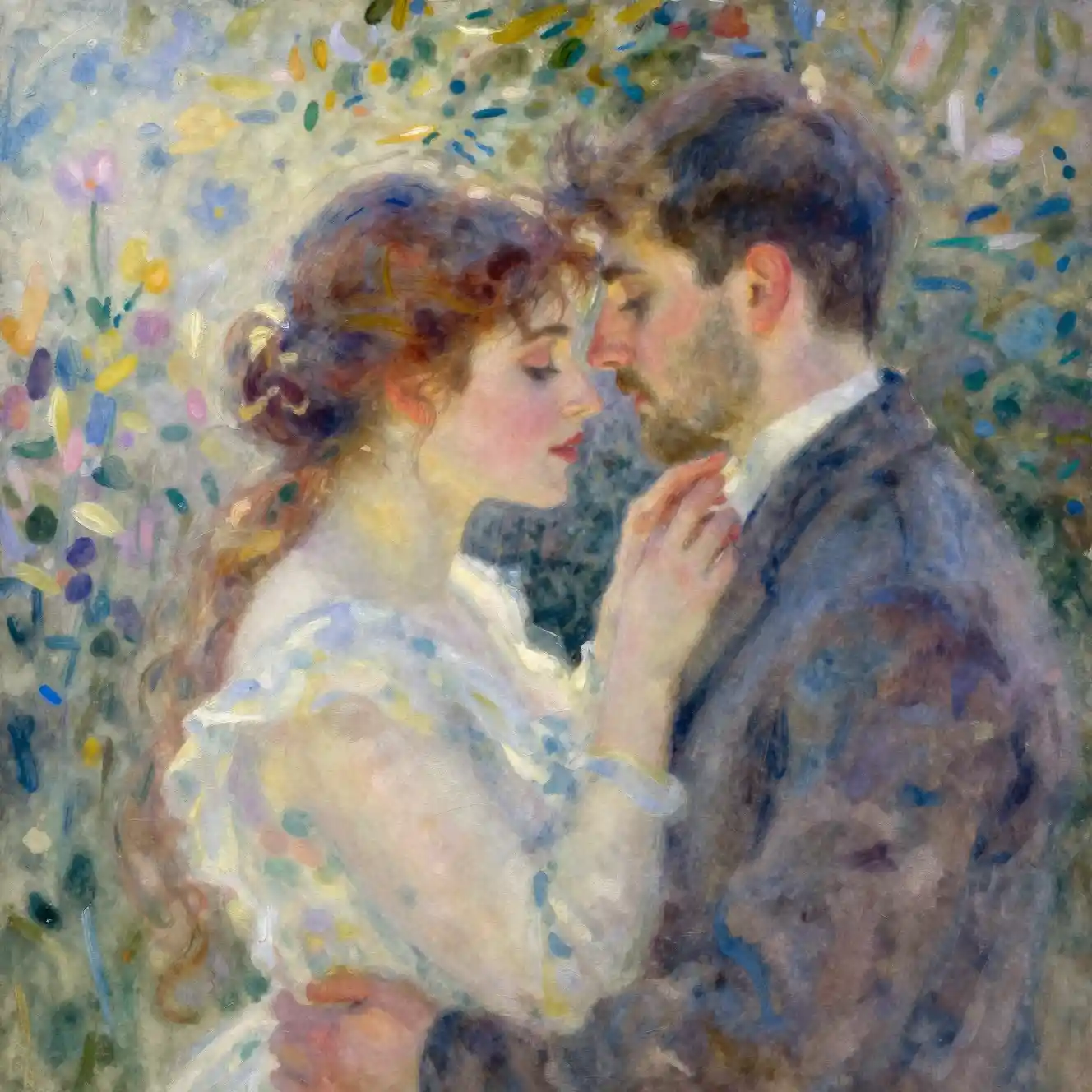 Romantic couple in a dreamy surreal watercolor embrace