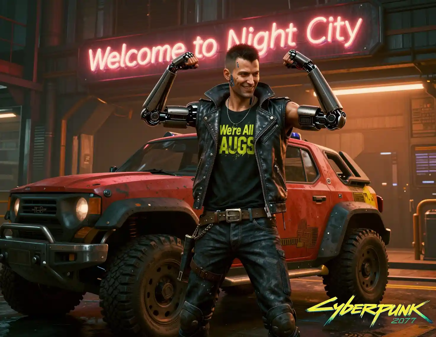 Homme augmenté fléchissant à côté d’un robuste véhicule tout-terrain cyberpunk