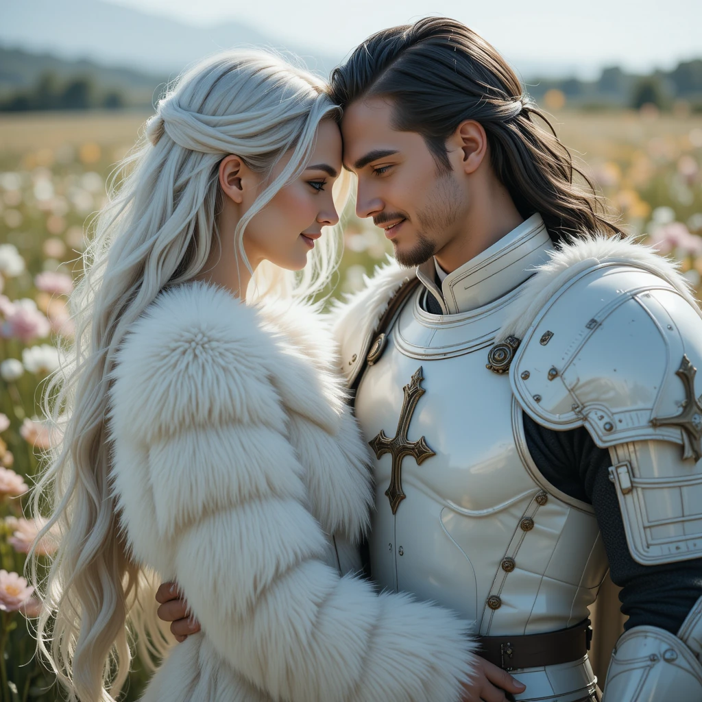 Couple romantique s’enlaçant dans un champ de fleurs ensoleillé