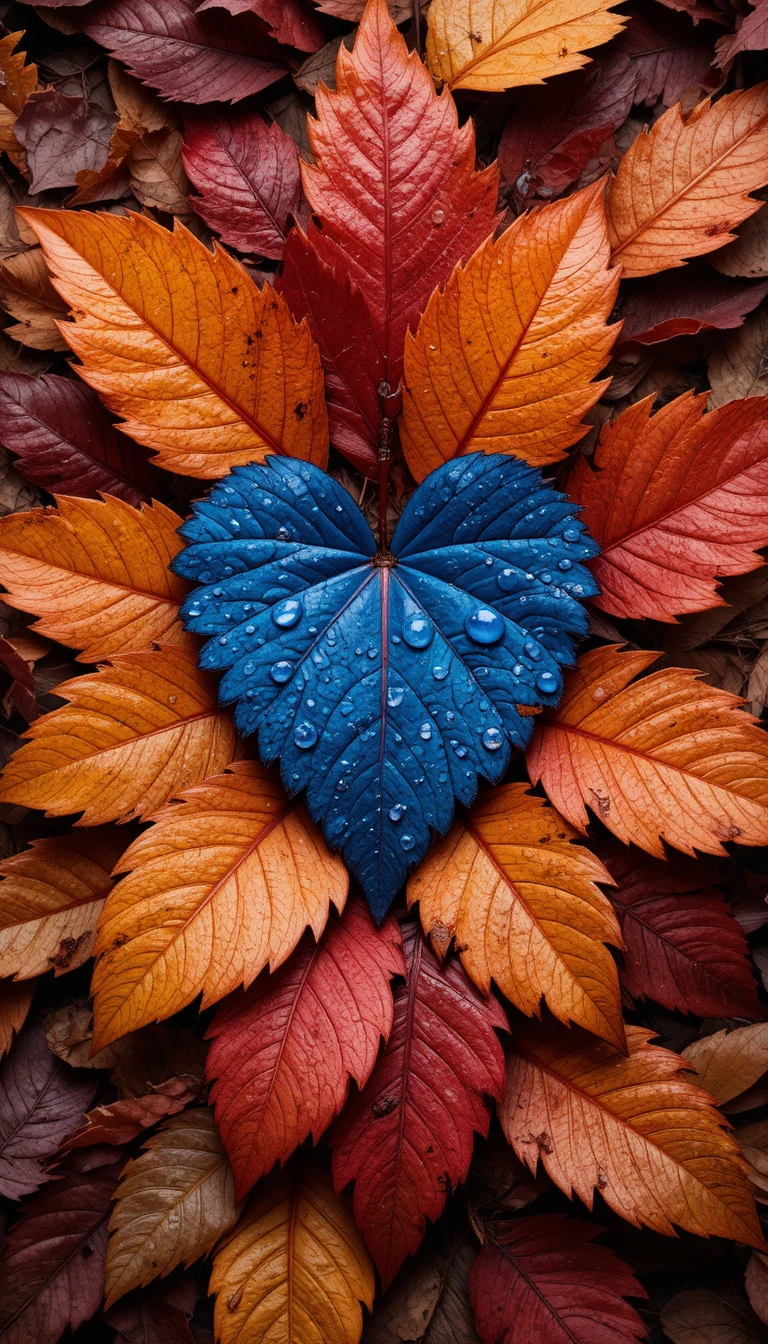 Blaues Herzblatt zwischen bunter Herbstlaubpracht