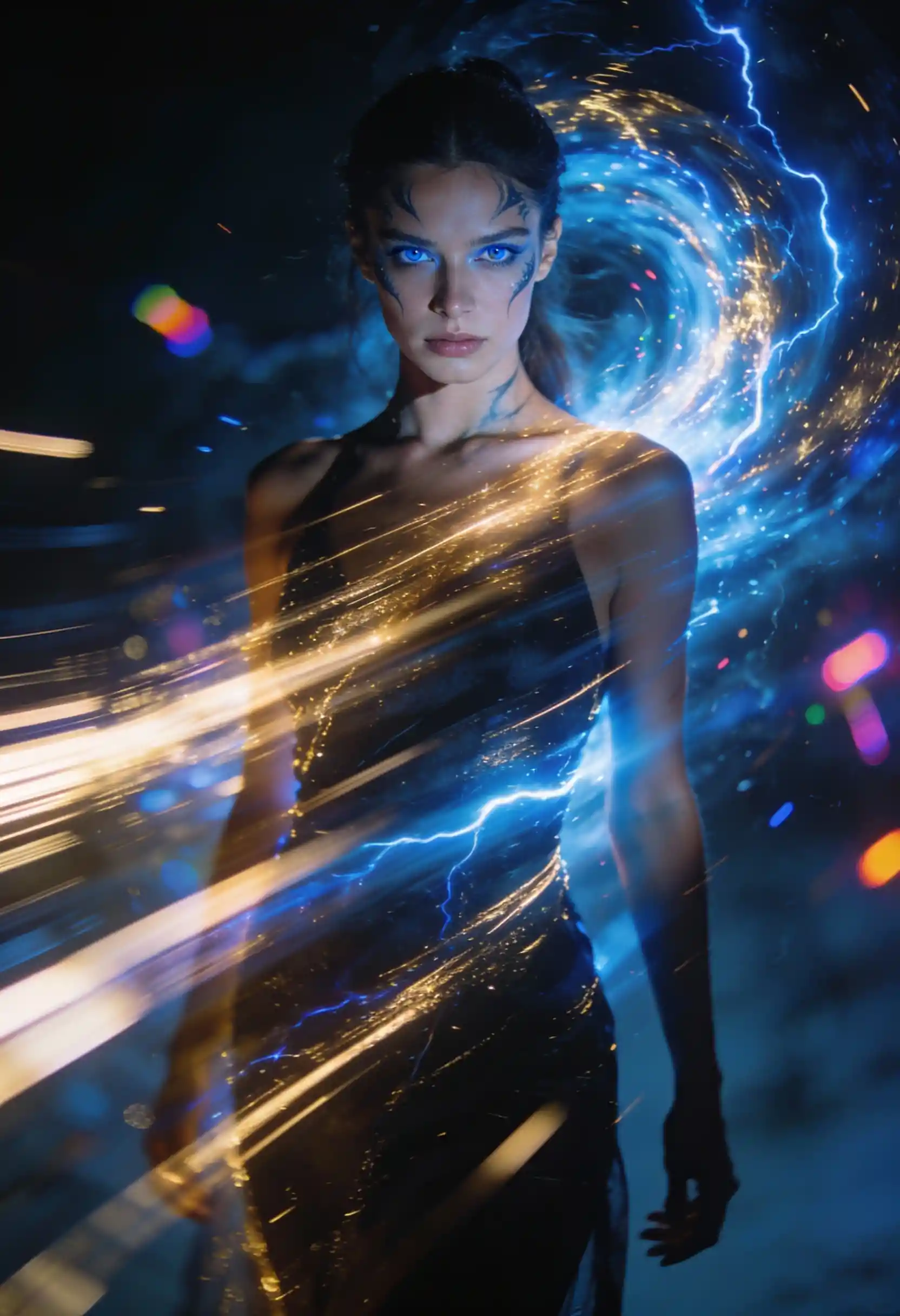 Blue eyed girl in a single sweeping long exposure aura