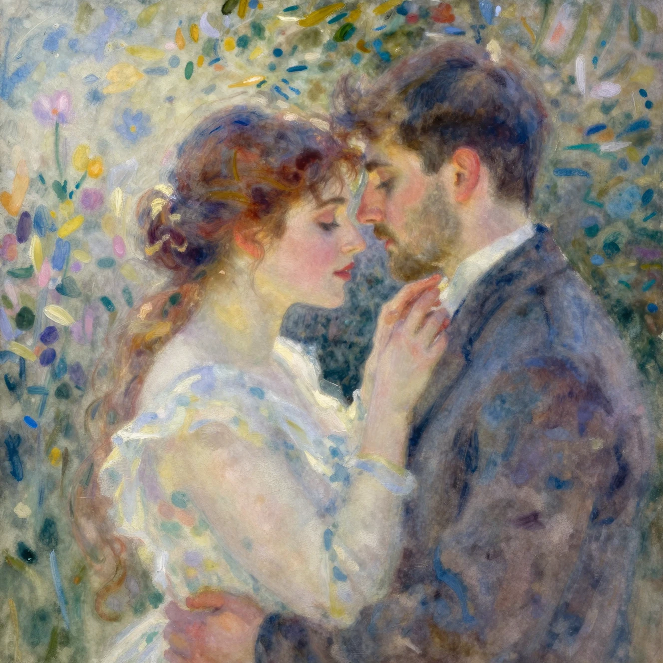 Romantic couple in a dreamy surreal watercolor embrace