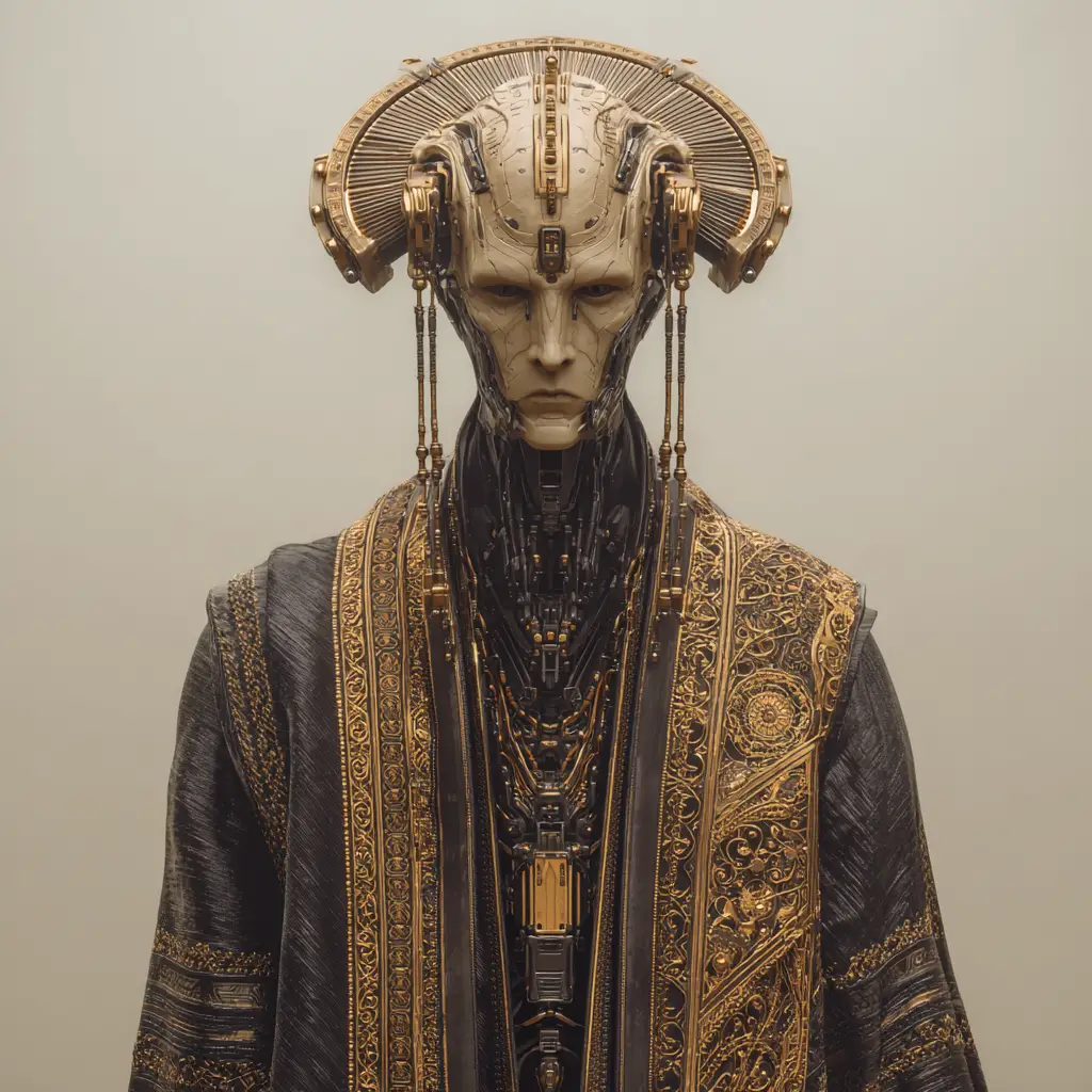 Cinematic cyborg warrior in ornate black and gold robes