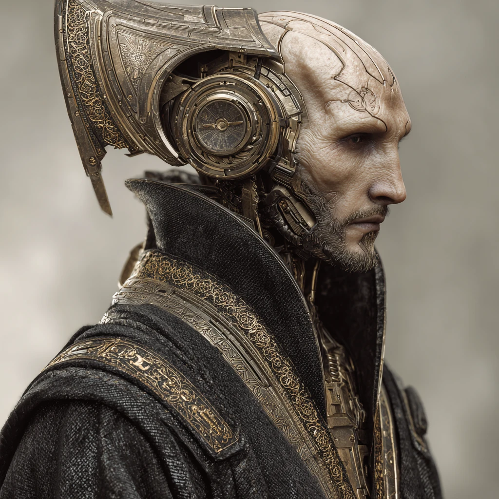 Ritratto cinematografico di un regale guardiano cyborg in vesti nere