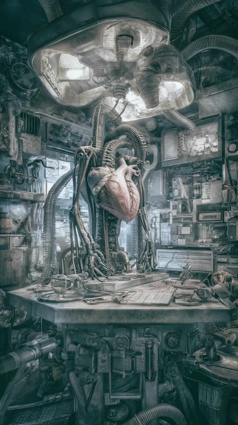 Anatomia di cyborg fusa con macchinari in un laboratorio oscuro