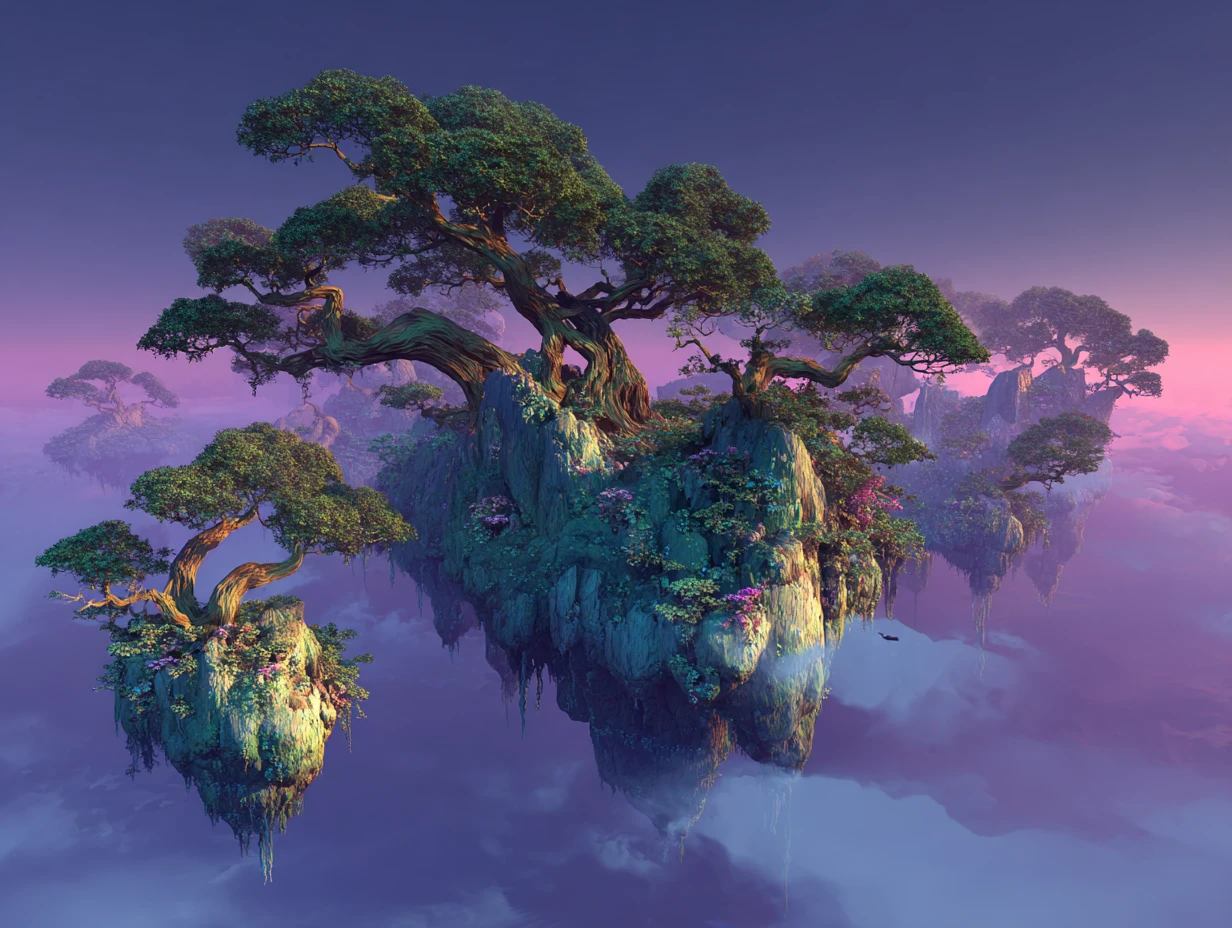 Floating iridescent islands suspended in a mystical sky